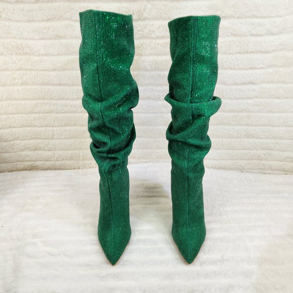 Radiant Emerald Green Rhinestone High Heel Slouch Knee High Boots - Picture 6 of 10